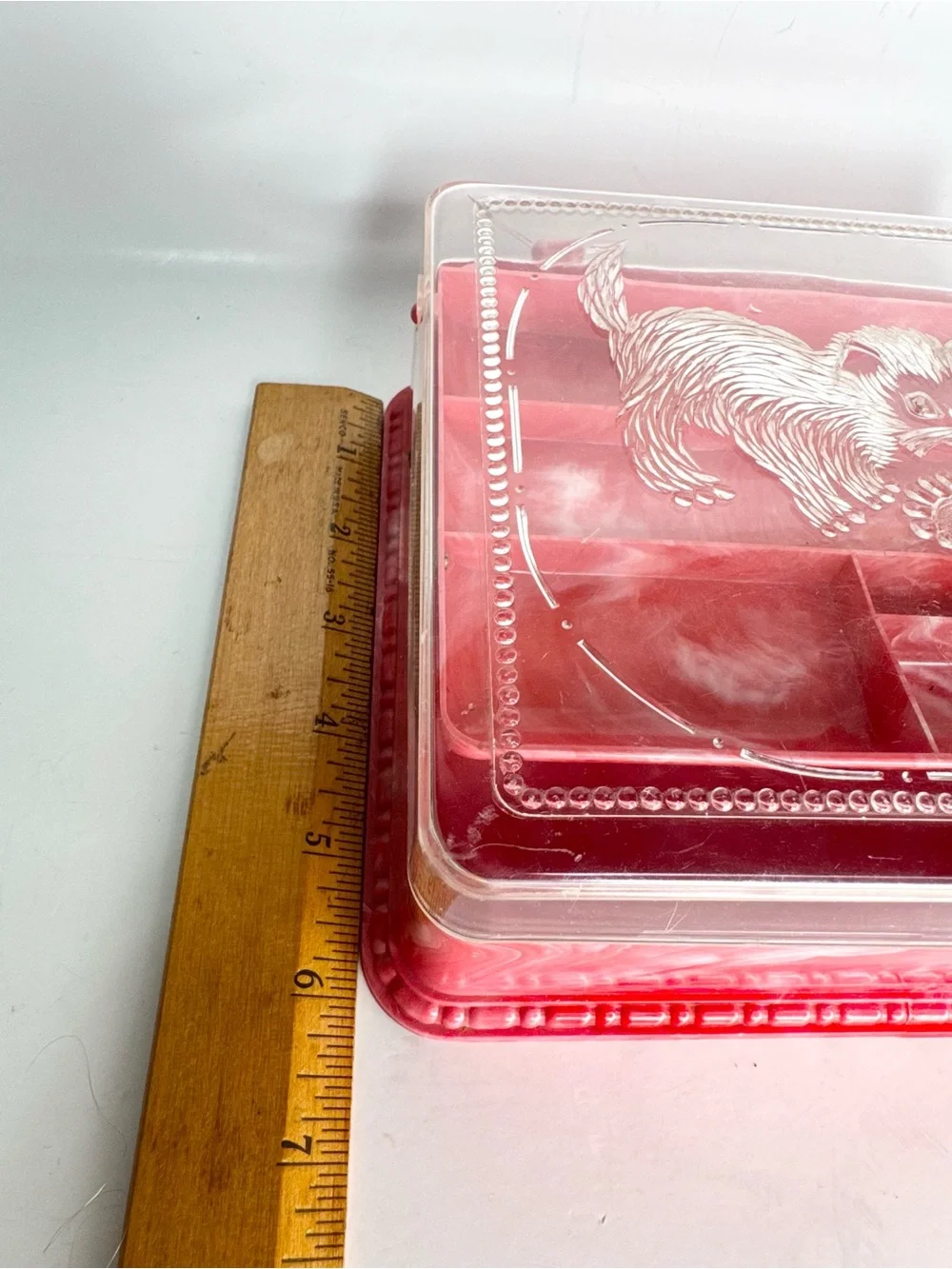 VTG 50s Jewelry Box Trinket Cats Kittens Granny Sewing Hommer Marbled Plastic